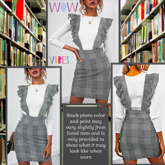 NWT JRS XL PREPPY DARK ACADEMIA PLAID MINI SKIRT W RUFFLE DETAIL STRAPS STRETCHY - Picture 6 of 14